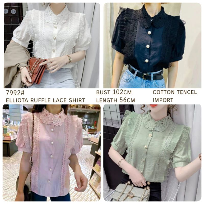 MDLV ~ 7992# Elliota Ruffle Lace Shirt Premium Blouse Import Blouse Wanita Atasan Premium Wanita Fashion import