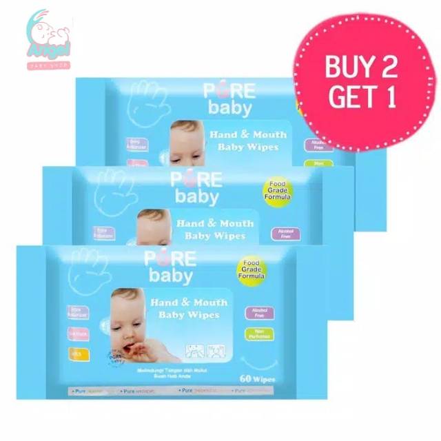 Pure bb  wipes tisu basah Hand &amp; Mouth (BUY 2 GET 1) Aloe Vera / Orange Oil 10's