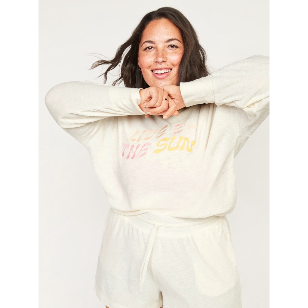 Oldnavy loose cropped long-sleeve Performance slub-knit Terry Sweatshirt For Women  // sisa ekspor-Ivory the sun