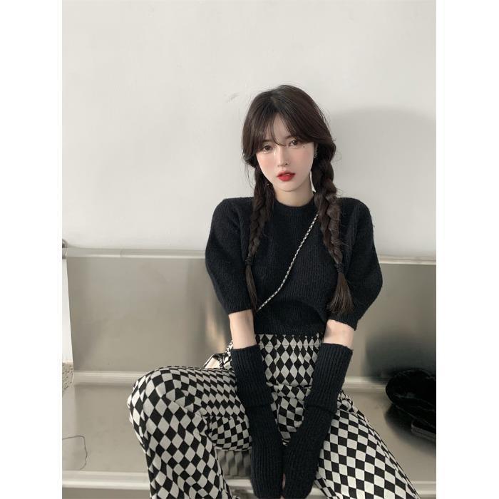 Suhao Musim Semi dan Musim Gugur Round Neck Vintage Bubble Sleeve Pullover Knitwear Legging Sleeve Sleeve Cover Element Top