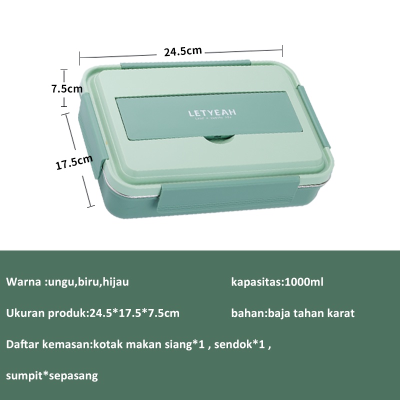 Letyeah &amp; Anantagt 4 Grid lunch box tempat makan Stainless Steel 304  Kotak Makan anti bocor 1000ml