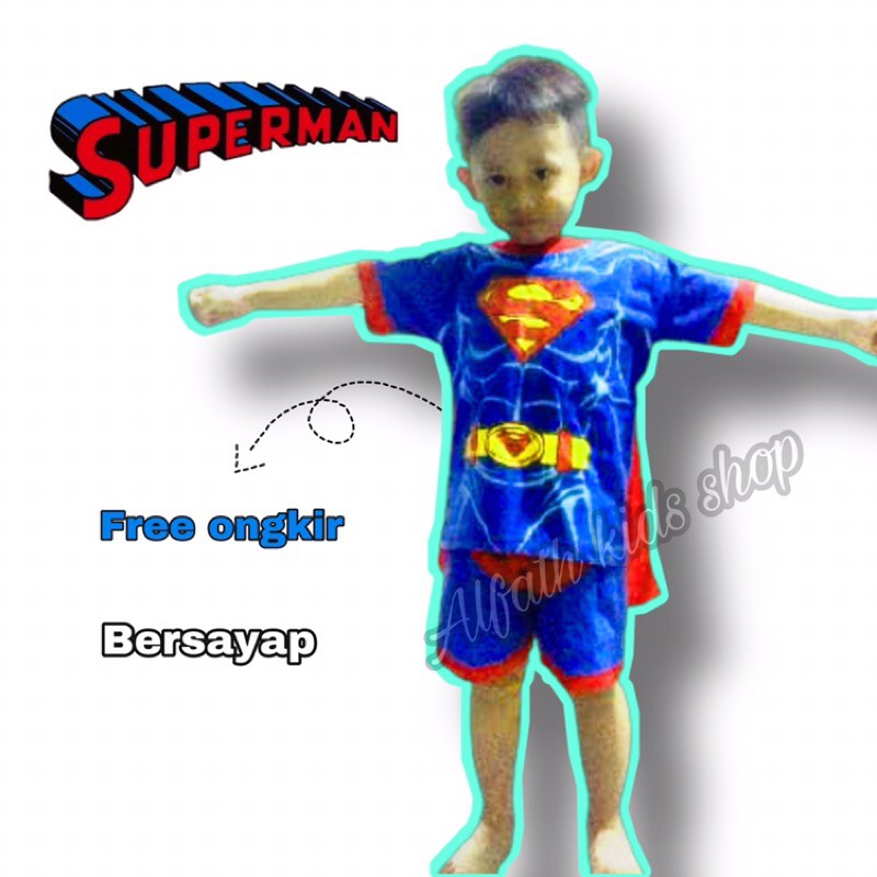 STELAN ANAK SUPERMAN PENDEK BERSAYAP |BAJU KOSTUM SUPERMAN PENDEK BERSAYAP