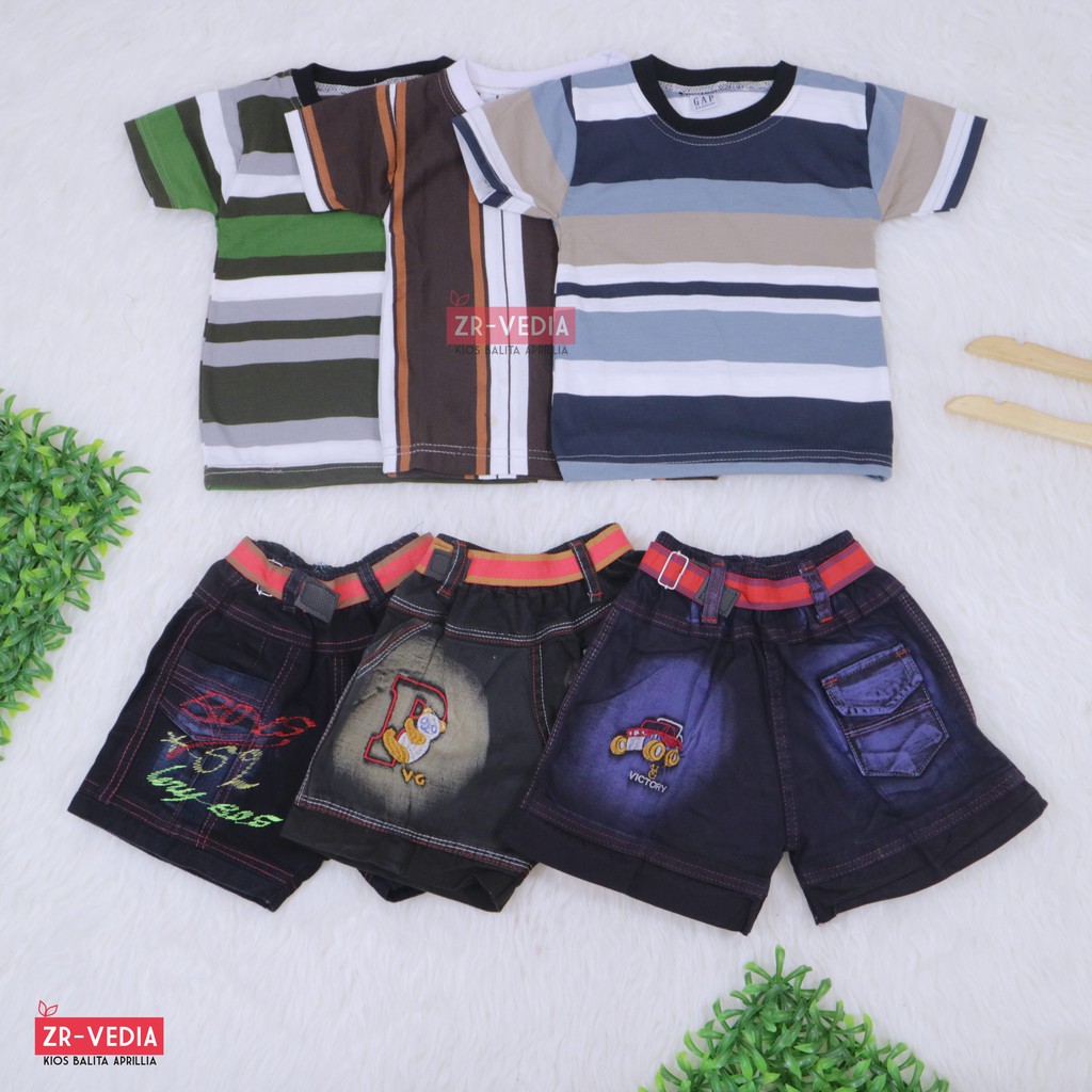 Setelan Salur Jeans uk 1-2 Tahun / Kaos Anak Murah Celana Jeans Murah Setelan Lengan Pendek Laki