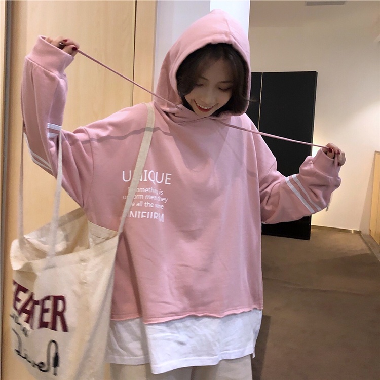 Meet.U【Unisex】 Hoodie Lengan Panjang Longgar Hoodie Kasual Longgar Wanita Atasan Pullover