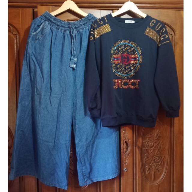 set kulot jeans dan kaos import jumbo xxxl