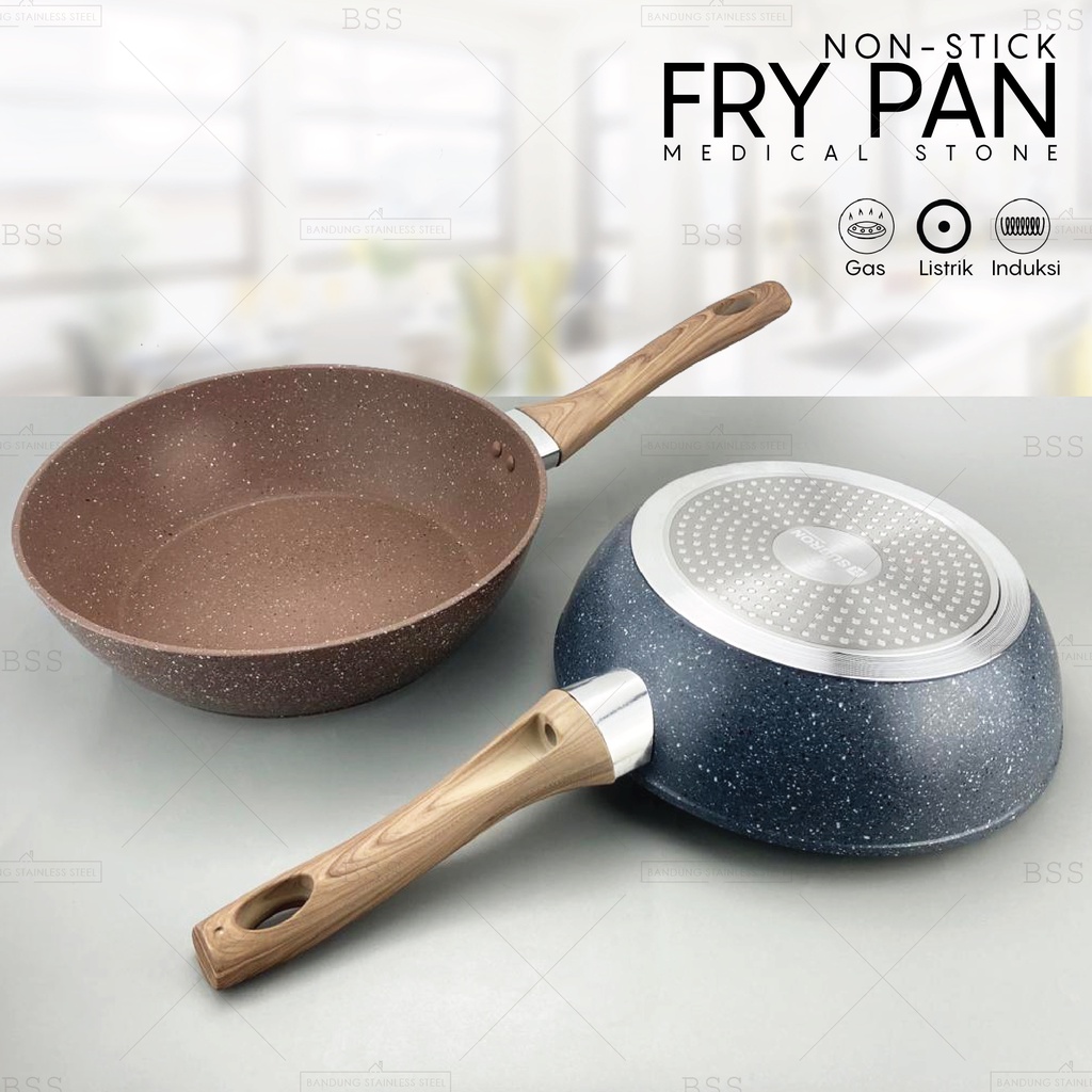 Fry Pan Teflon Anti Lengket Wok Medical Stone Frying Pan 24cm 26cm 28cm Frypan Penggorengan Wajan Masak Goreng Tanpa Minyak Handle Motif Kayu