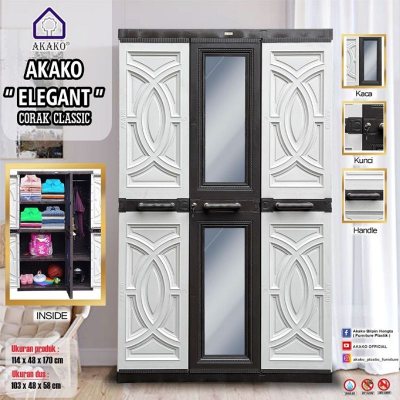 Lemari PLastik 3 Pintu Akako Super Jumbo / Lemari Akako ELEGANT + Hanger (Gantungan) ada Kacanya