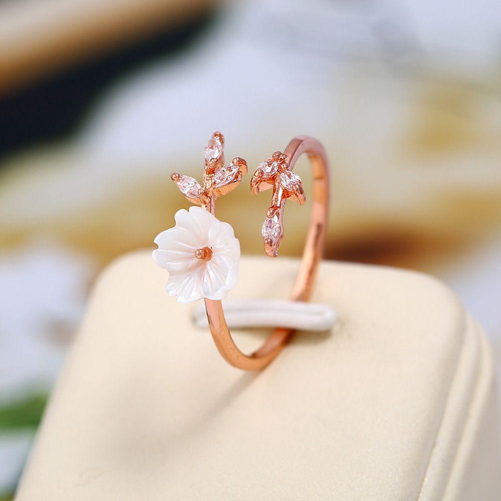 Needway Cincin Terbuka Daun Rose Gold Putih Zircon Shell