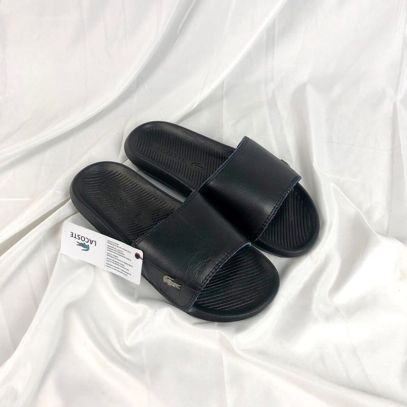 Sandal Slide Pria Wanita Original Lacoste Croco Leather Fullblack