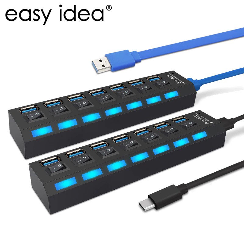 Bebas ongkir EASYIDEA USB 3.0 Hub Multi USB Hub 3.0 USB Splitter Type C Hub 7 Ports Expander usb-c