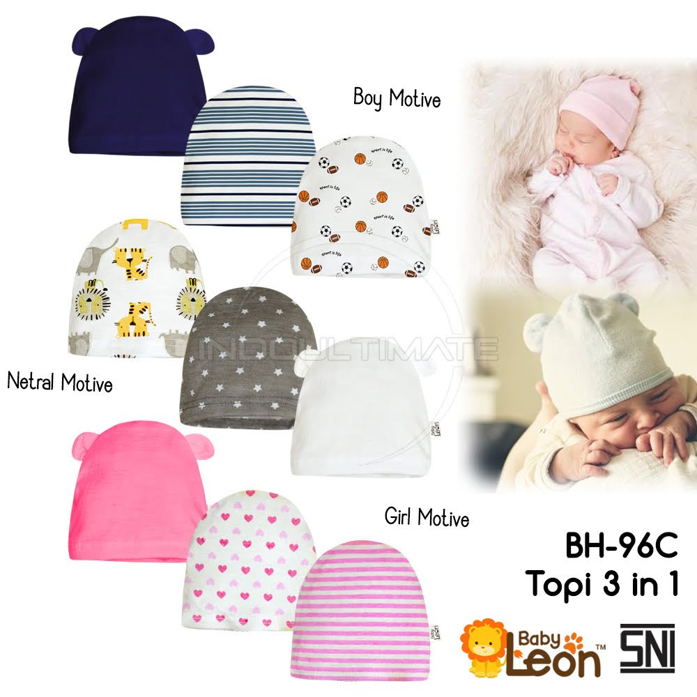 3 Pcs Topi Anak BH-96C BABY LEON 100% COTTON Baby Hat New Born Perlengkapan Kepala Bayi
