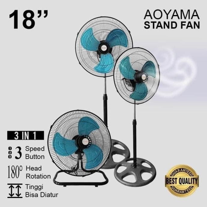 STANDFAN STAND FAN 3 IN 1 AOYAMA KIPAS ANGIN BERDIRI BESI TORNADO 18IN 18 INCH 3 FUNGSI BERDIRI DUDUK DINDING DESK FAN WALL FAN