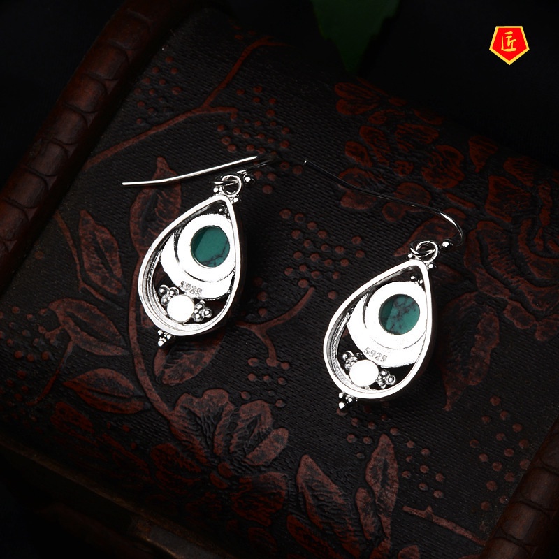 [Ready Stock]Silver Retro Fashion Turquoise Earrings