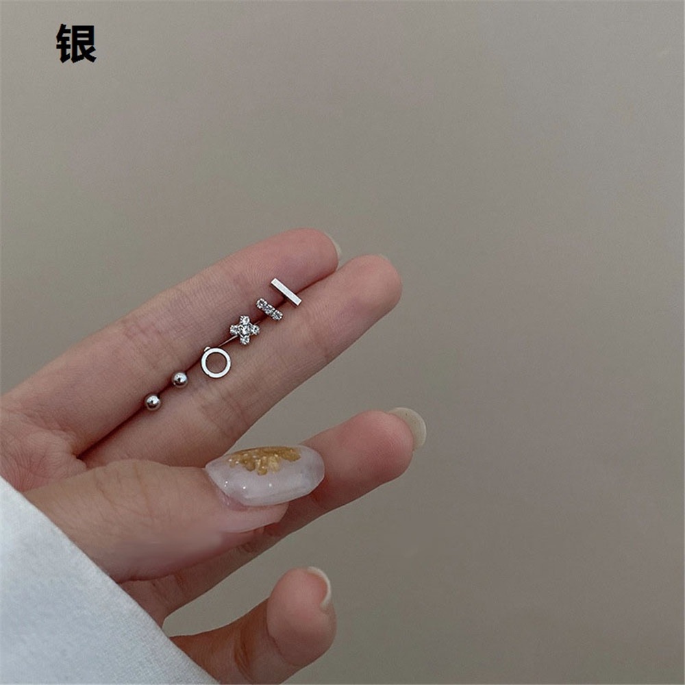 【COD Tangding】6PCS/Set Simple Piercing Earrings Set Cross Hoop Earrings Women Girl Tarnish Earstuds Jewelry-silver