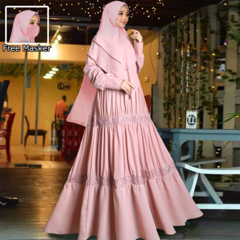 Baju Gamis Pakaian Fashion Syari Muslim Muslimah Polos Terusan Lengan Long Dress Dres Panjang Wanita