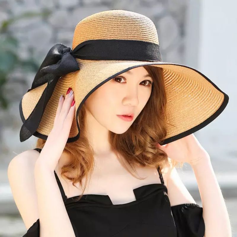 Topi Pantai Wanita Pita Lebar Import / Topi Pantai Wanita Lebar / Topi Pantai / Straw Hat Labrika Ho