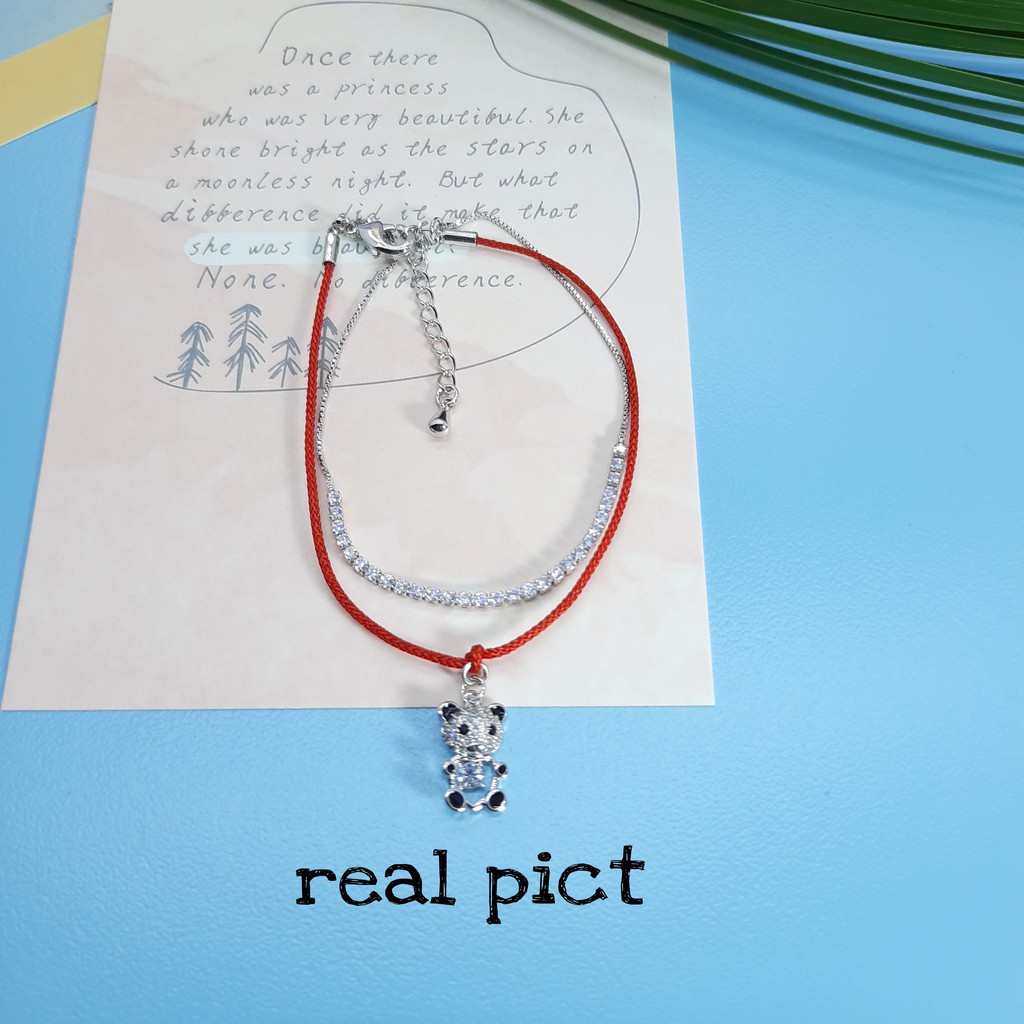 Gelang Tali Merah dan Serut Model Tali Teddy Bear Dengan Mata Zirkon Baris Plated 18K