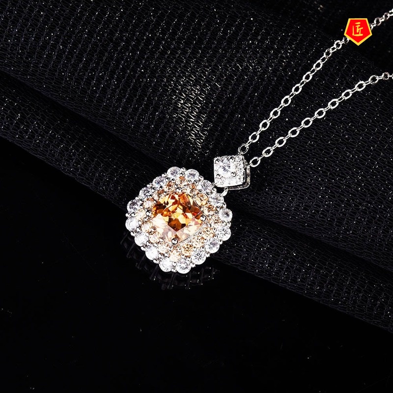 [Ready Stock]Pink Square Diamond Group Inlaid Zircon Colored Gems Pendant Women's Fashion All-Matching