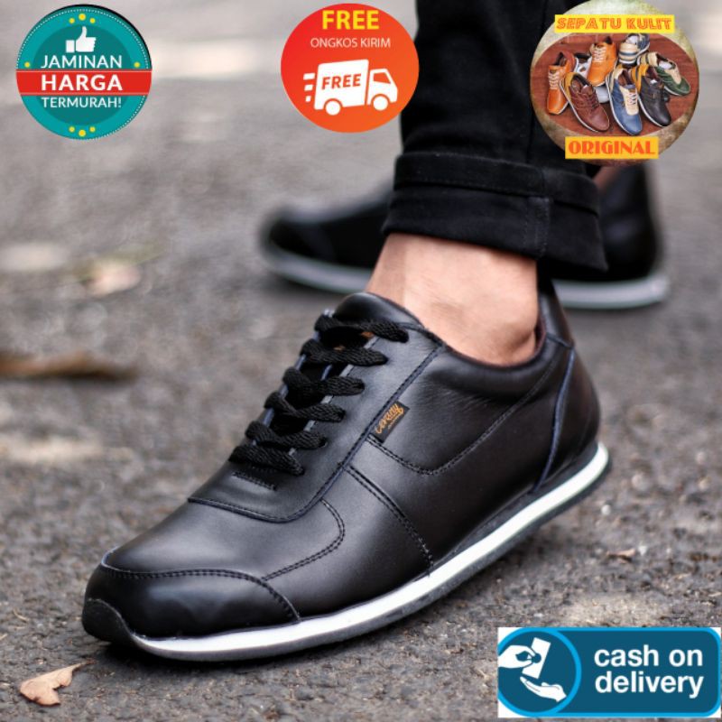 MORLEY BLACK - Sepatu Sneakers Casual Santai Kulit Asli Sporty Kasual Kets Pria Cowok Trendy