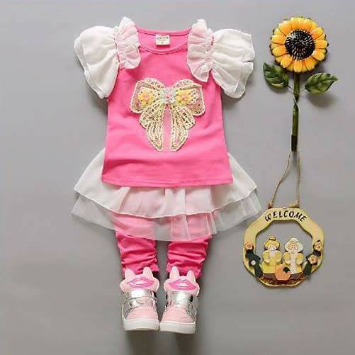 Setelan Baju Anak Cewek Sequin Ribbon Pink Set 2in1 (baju, celana)