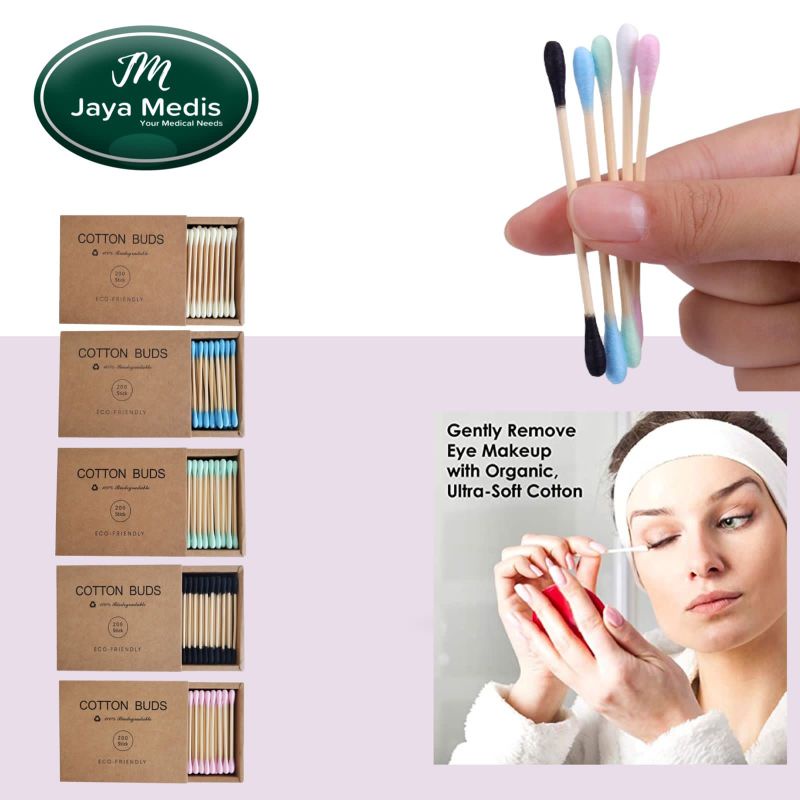 Cotton Bud Plus Box Bahan Bambu Warna-Warni - 200 pcs