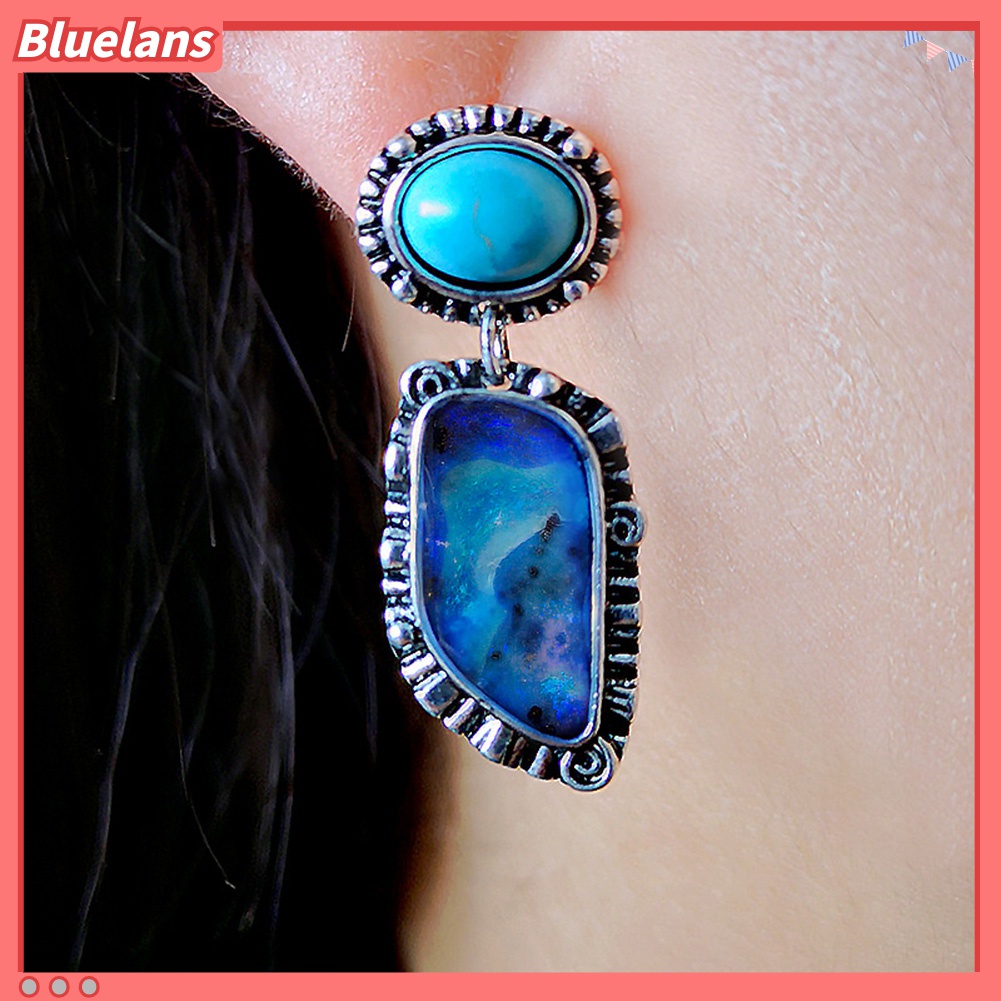 Anting Stud Geometris Menjuntai Aksen Turquoise Tiruan Gaya Vintage Untuk Perhiasan Wanita