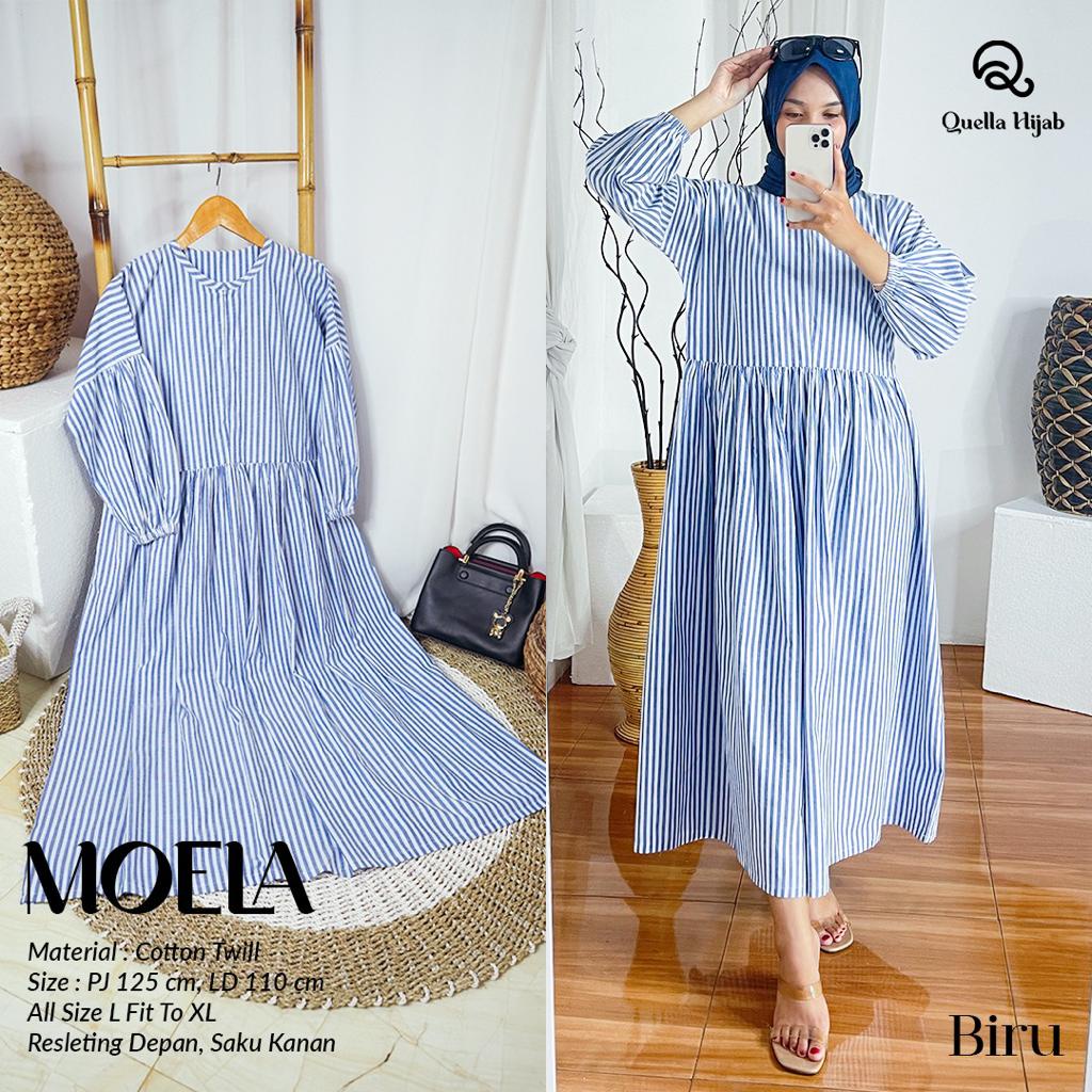 TERMURAH MOELA MIDI DRESS BY QUELLA HIJAB/MIDI DRESS MOTIF GARIS/DRESS KATUN TWILL/CASUAL BABYDOLL D
