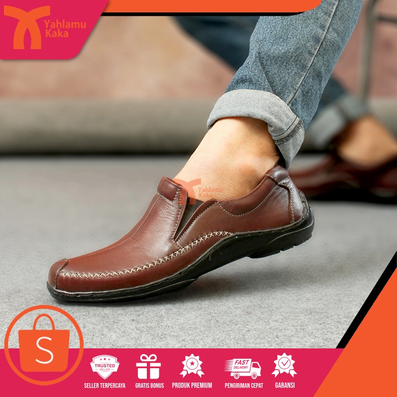 YLK x GUINEA -  Sepatu Kerja Selop Tanpa Tali Vantopel Kulit Asli Original Fladeo Selop Slip On Pria