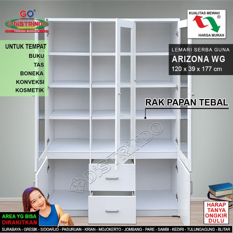 Lemari Rak Buku Lemari Hias Rak Disply Etase 2 ~ 3Pintu Halus Papan Tebal Semi Glossy White Halus