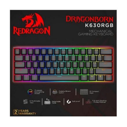 Keyboard gaming redragon mechanical wired usb type-c 61 keys 60% tkl free switch k630rgb k630 rgb k-630 dragonborn