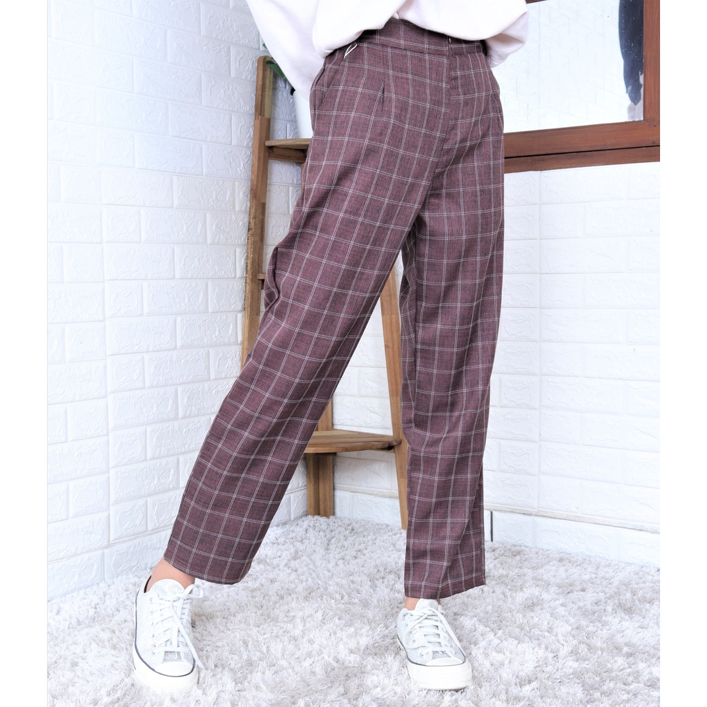 Pants celana katun casual wanita kotak-kotak korean style