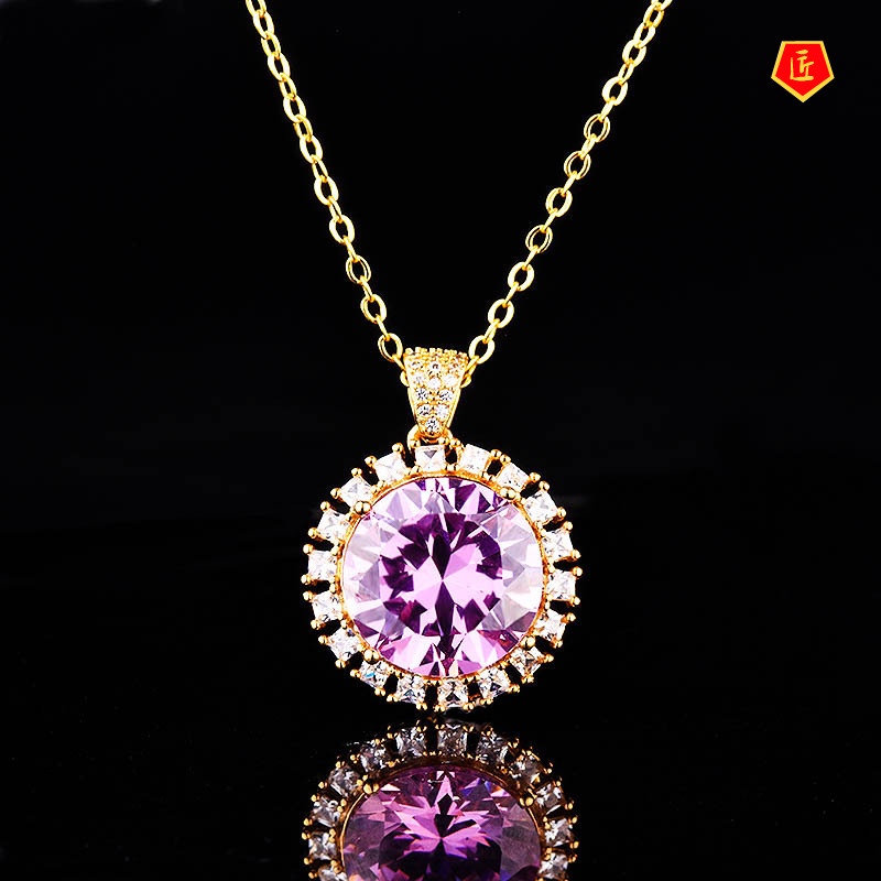 [Ready Stock]10 Karat Shiny Diamond Pendant Luxury Colorful Gemstone Necklace for Women