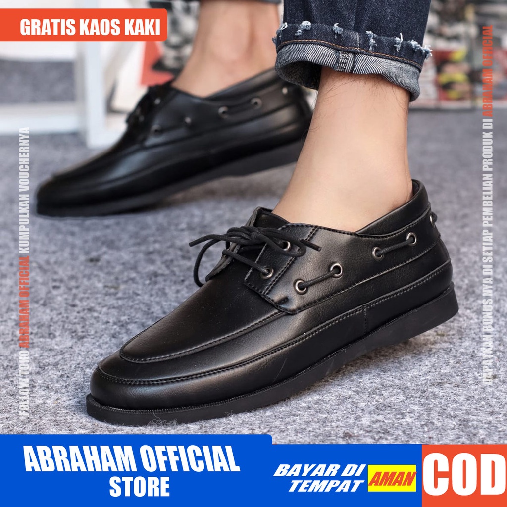 ABRAHAM Sepatu Formal Hitam Tali Pantofel Kulit Sintetis Casual Kerja Pria