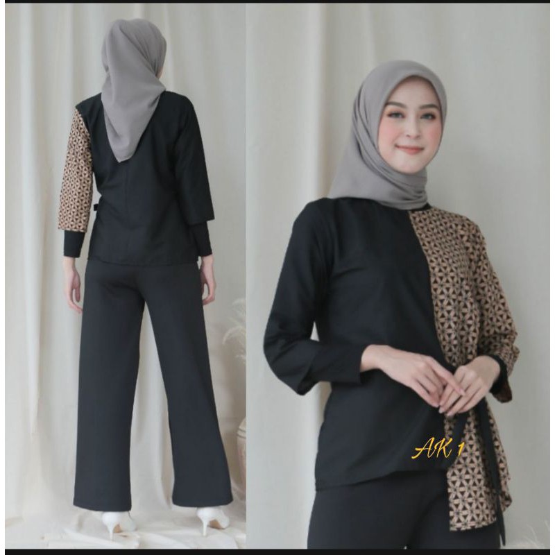 tey-17 Batik wanita ASJ SA HRB026 Kenongo Kemeja Tosca Pendek-Bintang Hitam Manis