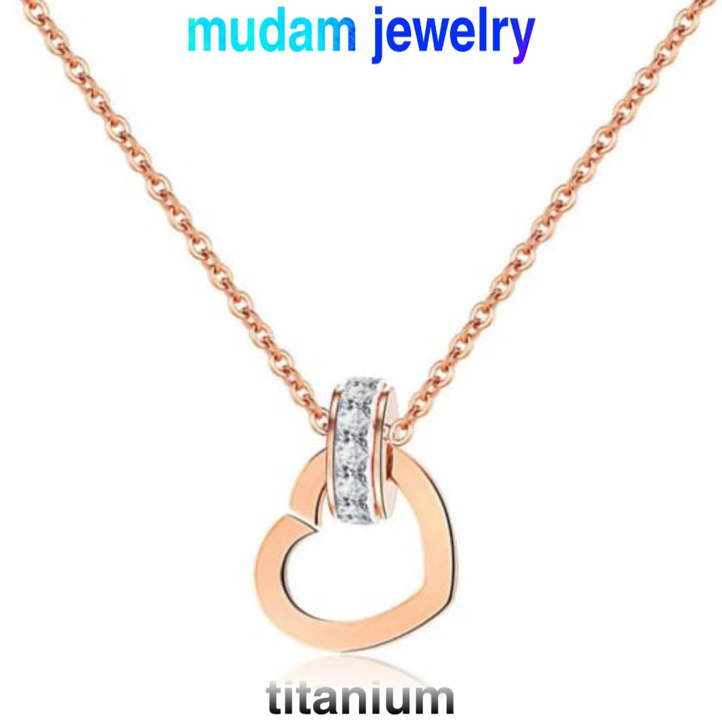 Kalung Titanium Love Ring Kristal Putih Rose Gold dan Gold