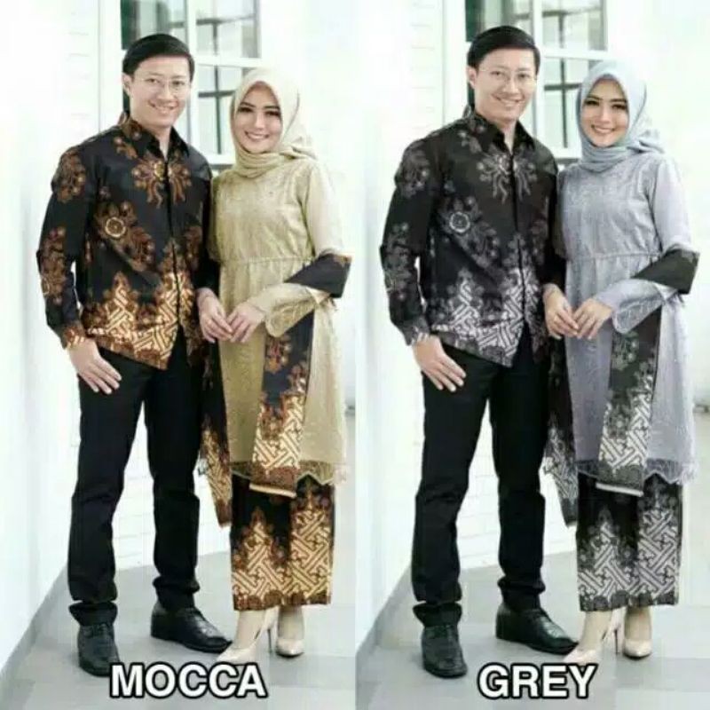 COUPLE KEBAYA MUSLIM MODEL TUNIK MOCCA GREY BAJU PASANGAN KONDANGAN
