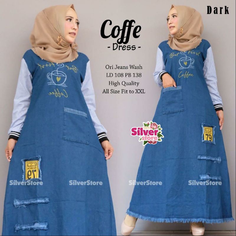baju gamis jeans denim wanita kombinasi katun salur bordir terbaru