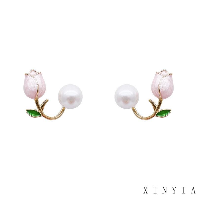 【COD】Bentuk Bunga Tulip Warna Pink Anting Mutiara Mode Retro Korean Anting Drop Bola Mutiara Dasar Anting Tindik Sederhana Kecil dan sederhana