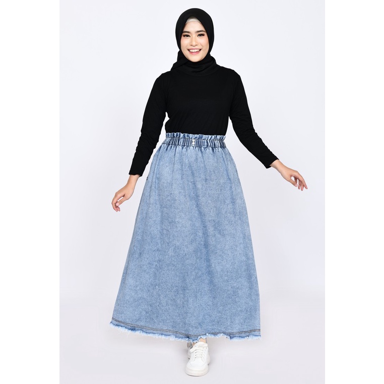 Jual Rok Panjang Jeans Muslim Wanita Rawis Fit XXL Le Zahra Signature Long Skirt Denim Edgy