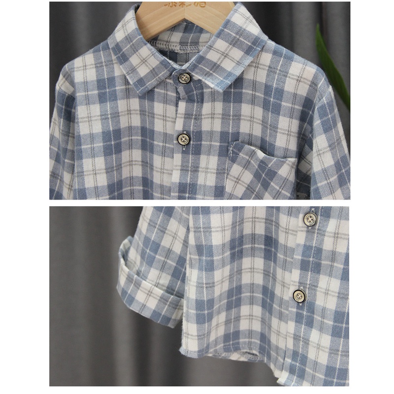 COD kemeja anak laki laki import motif kotak 2 warna fashion korea import atasan lengan panjang grosir kemeja anak cowok impor baju anak laki-1