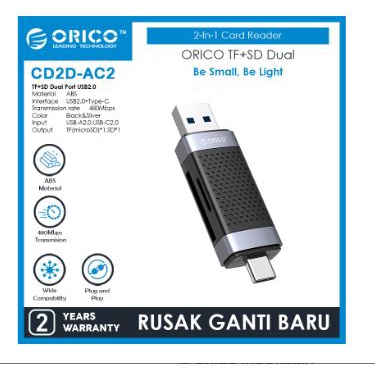 Type-c Usb A 2.0 card reader memory orico SD TF micro sd 480Mbps read single cd2d-ac2 - pembaca kartu memori