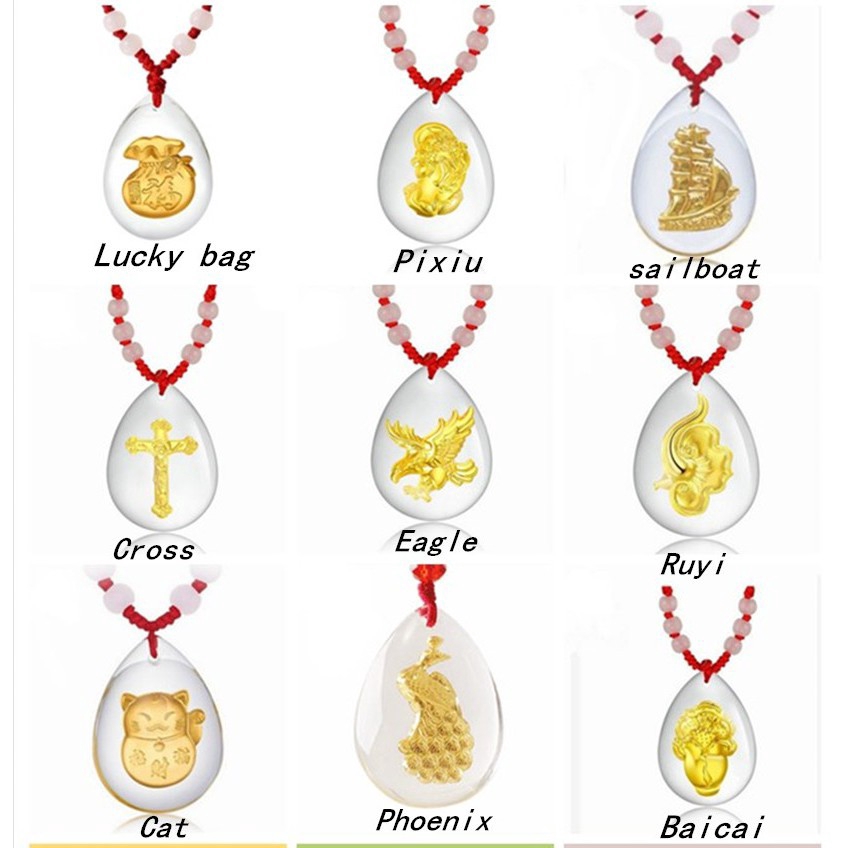 Solid 999 24K gold foil and crystal lucky pendant necklace multi-pattern selection with gift box