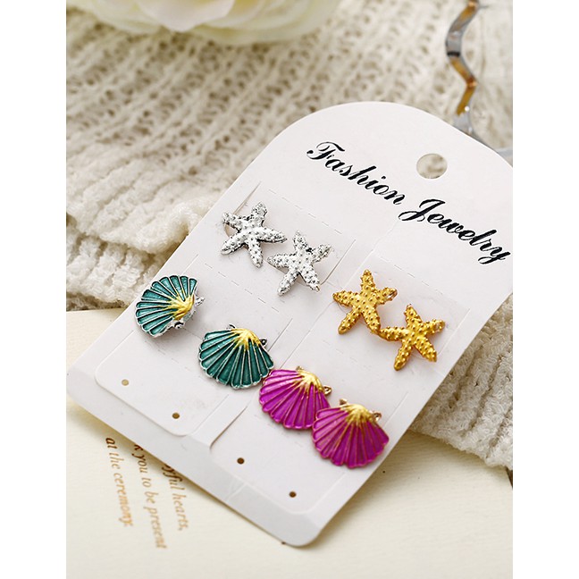 LRC Anting Set Fashion Color Symmetrical Starfish Shell Stud Earrings 4 Pairs F74520