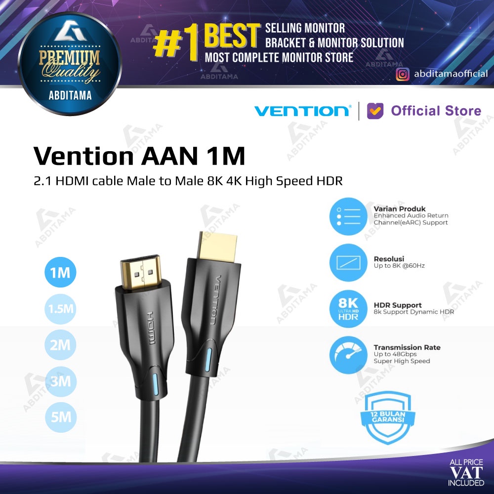 Kabel HDMI Vention Male to Male v2.1 8K 4K 48Gbps HDR DTS 24 Gold - AAN