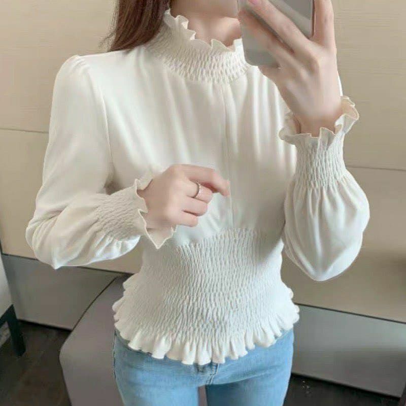 MDLV~25019 MORINE SMOCKED KNIT CROP //ATASAN LENGAN PANJANG // FASHION WANITA IMPORT