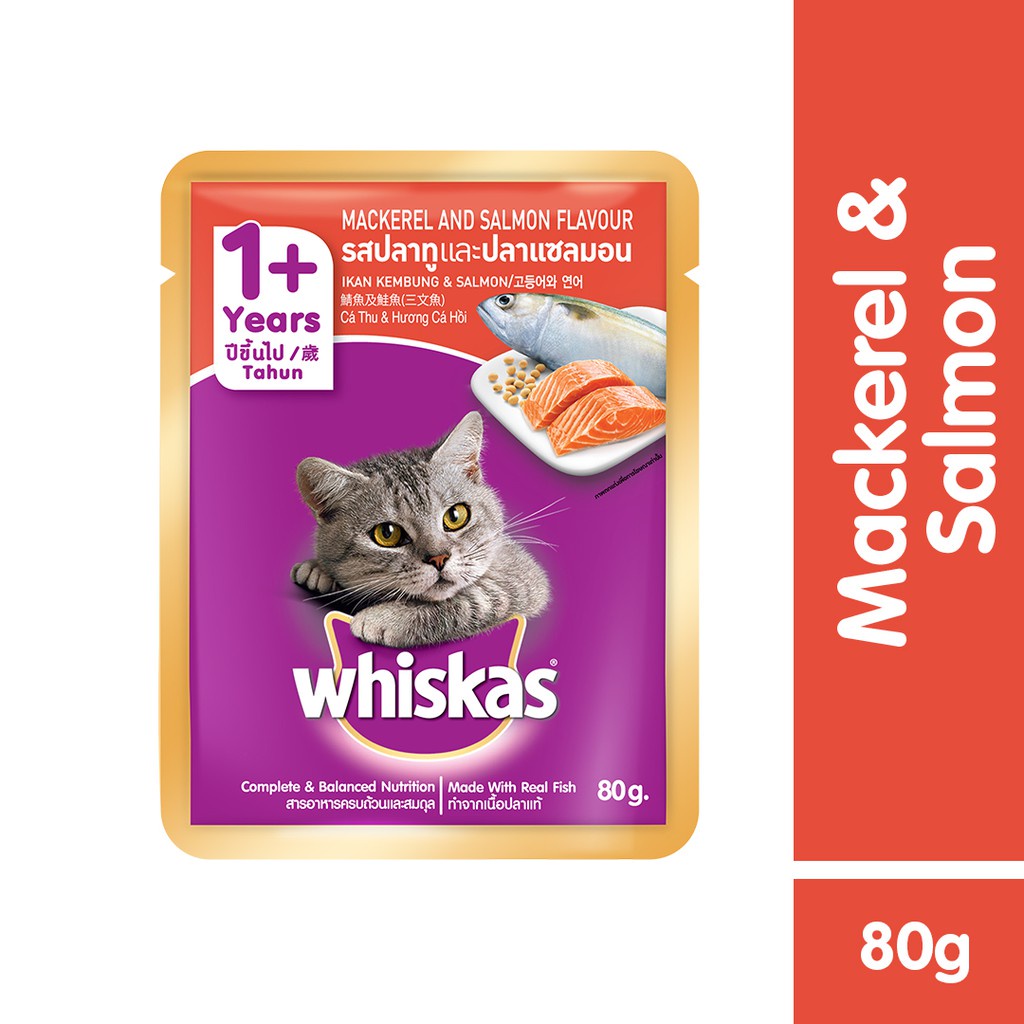 WHISKAS® Makanan Kucing Basah Pouch 80gr Isi 24-Mackerel & Salmon