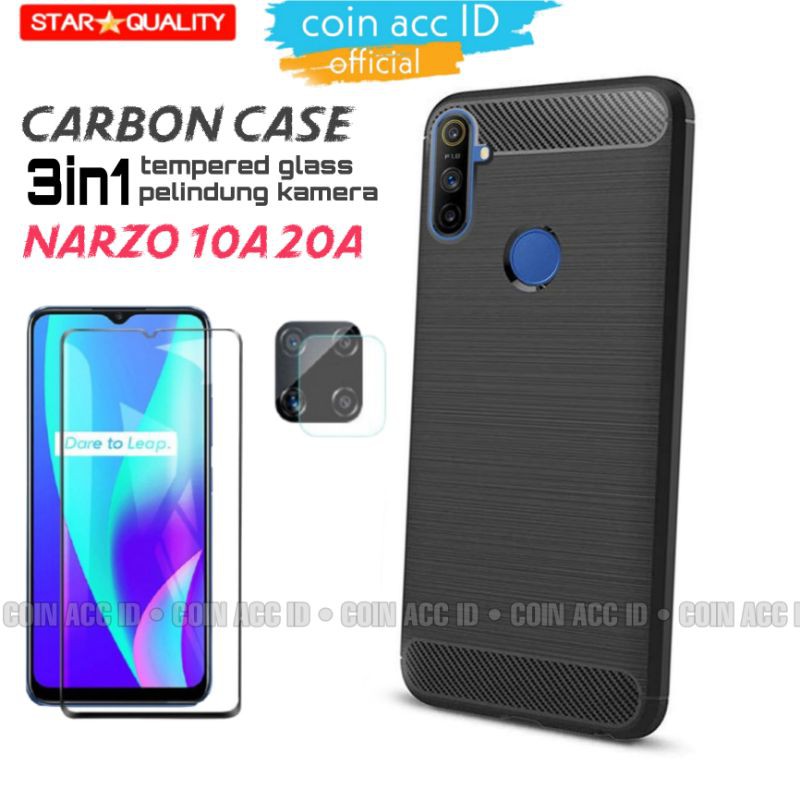 [2in1] CARBON CASE Realme NARZO 30A/20/20A/10A  casing + tempered glass full 9D + pelindung kamera