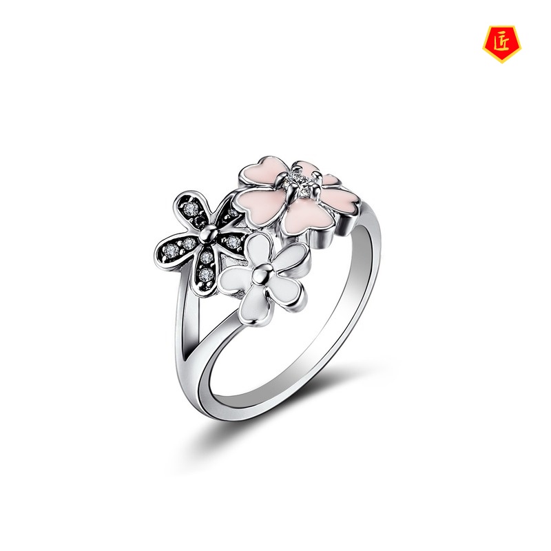 [Ready Stock]Women's Silver Diamond Pink Sakura Ring