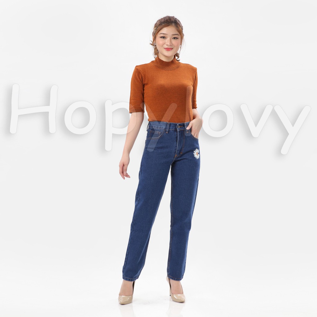 HOPYLOVY Celana Boyfriend Jeans Wanita Ellin Daisy Flower Print