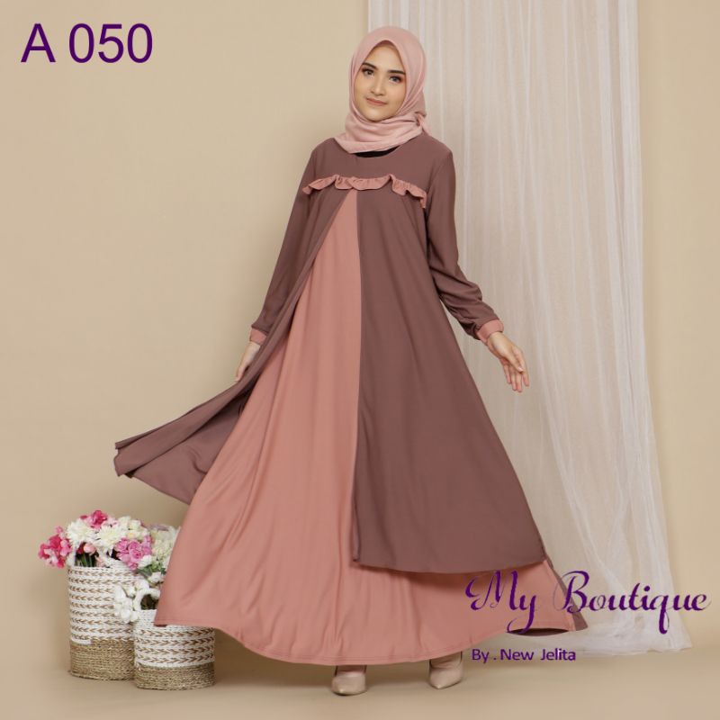 My Boutique Fashion Gamis A050 Coklat Salem Stella Crepe Premium Tempel Kembang LD 110 PB 140
